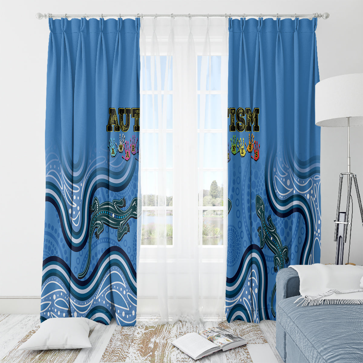 Australia Autism Awareness Window Curtain In April We Wear Blue Aboriginal Lizard
