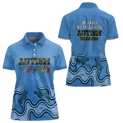 Australia Autism Awareness Women Polo Shirt In April We Wear Blue Aboriginal Lizard