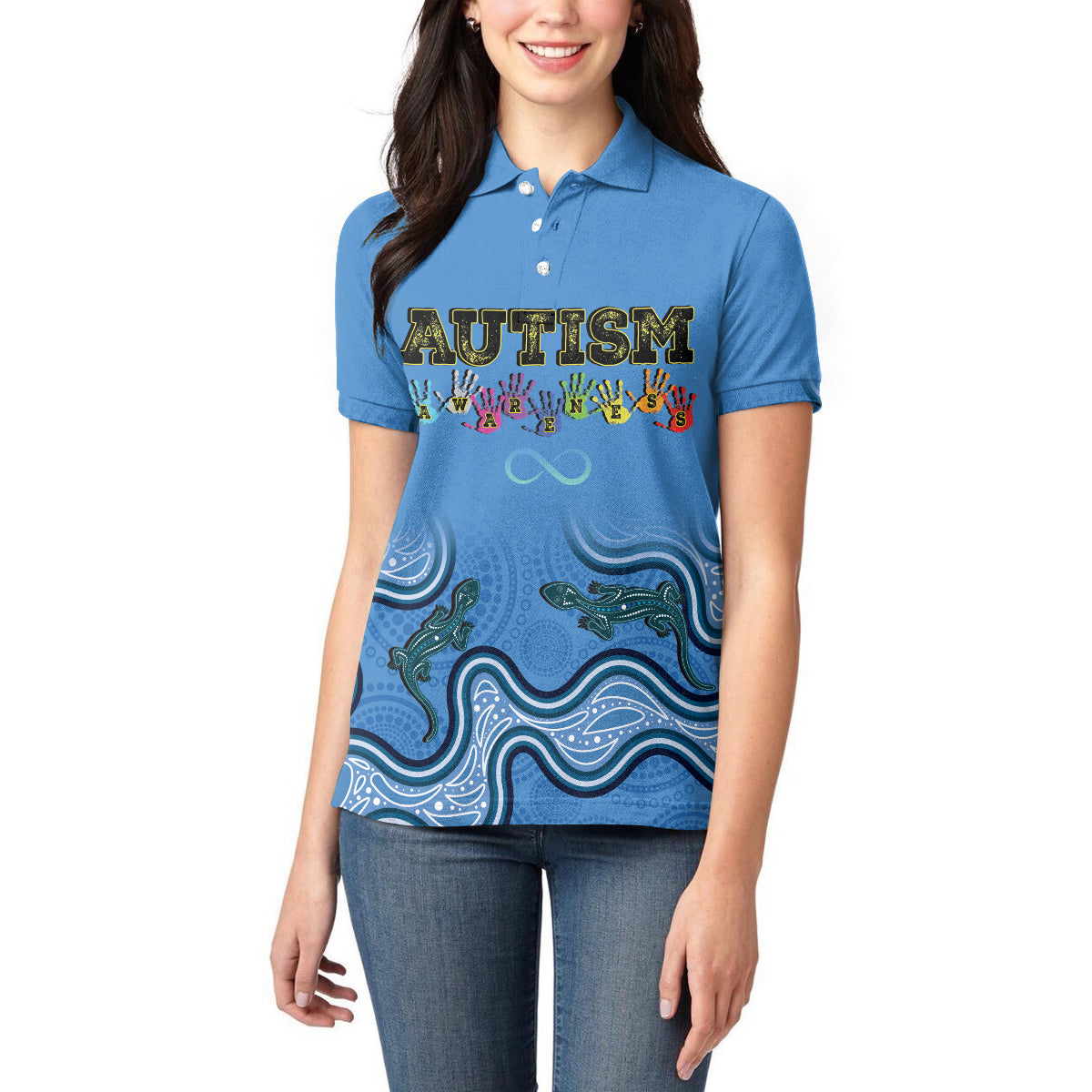 Australia Autism Awareness Women Polo Shirt In April We Wear Blue Aboriginal Lizard