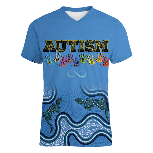 Australia Autism Awareness Women V Neck T Shirt In April We Wear Blue Aboriginal Lizard