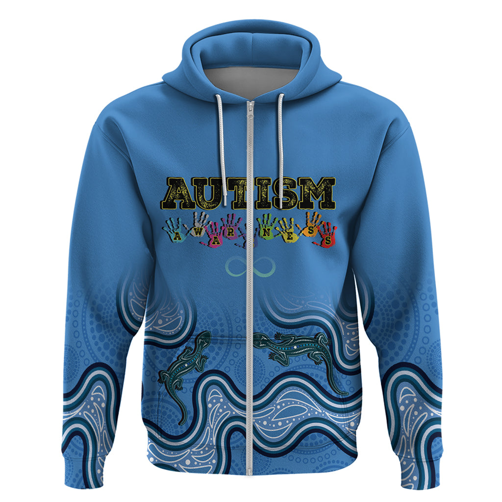 Australia Autism Awareness Zip Hoodie In April We Wear Blue Aboriginal Lizard