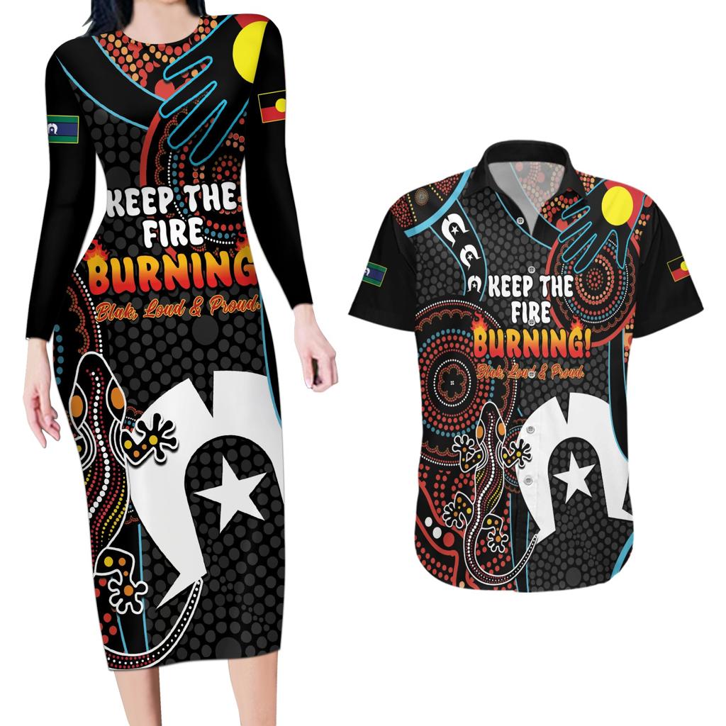 NAIDOC Week 2024 Couples Matching Long Sleeve Bodycon Dress and Hawaiian Shirt Keep The Fire Burning Indigenous Art