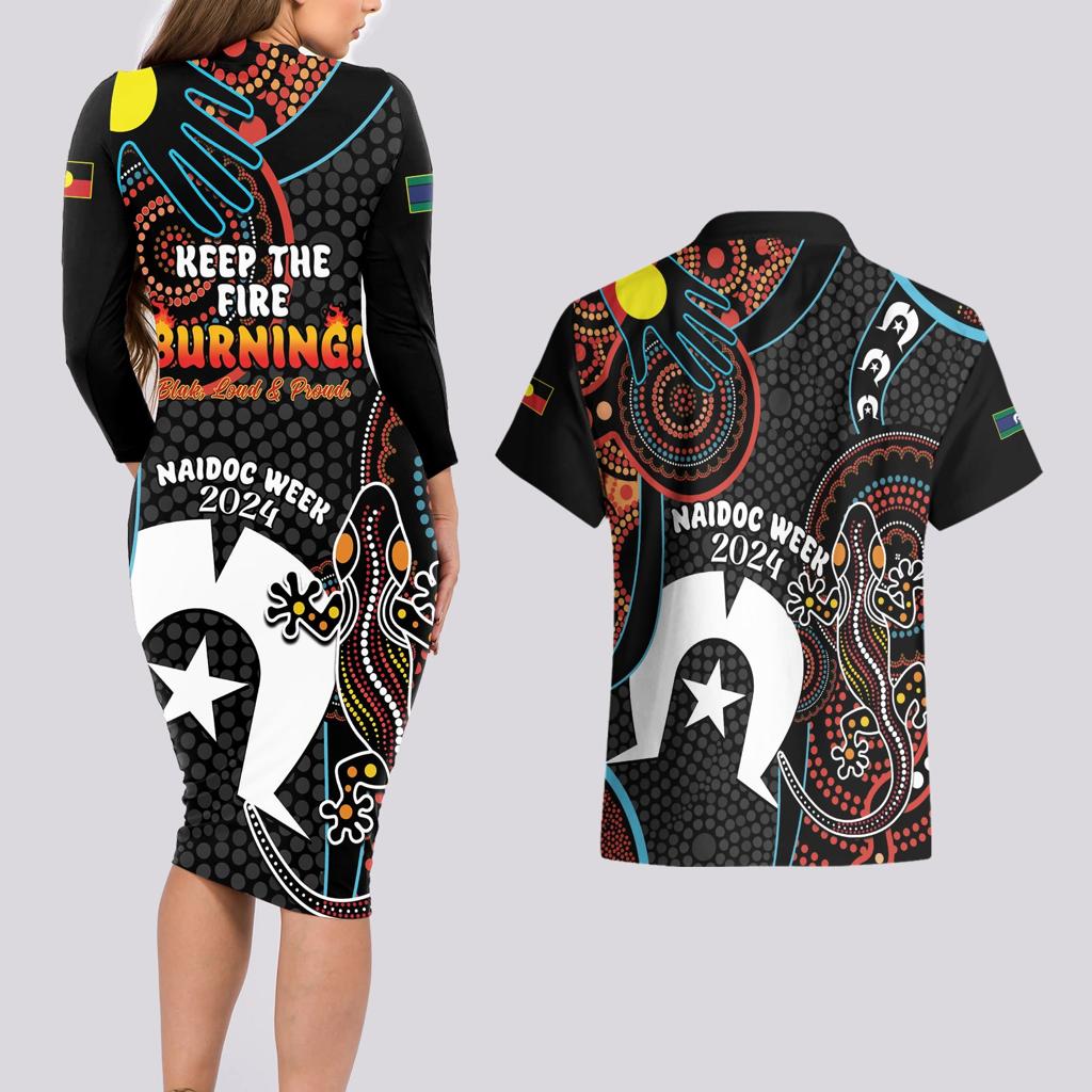 NAIDOC Week 2024 Couples Matching Long Sleeve Bodycon Dress and Hawaiian Shirt Keep The Fire Burning Indigenous Art