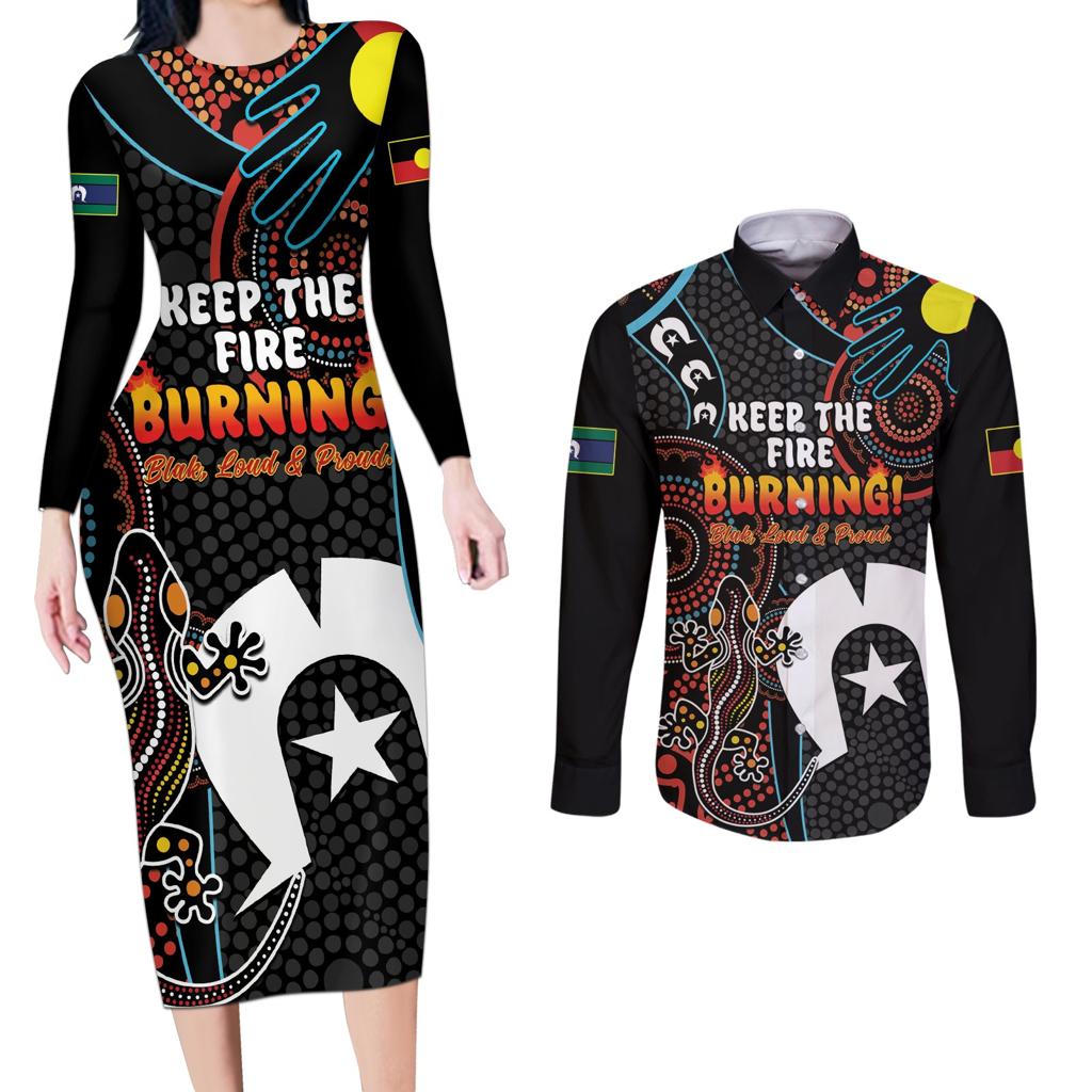 NAIDOC Week 2024 Couples Matching Long Sleeve Bodycon Dress and Long Sleeve Button Shirt Keep The Fire Burning Indigenous Art