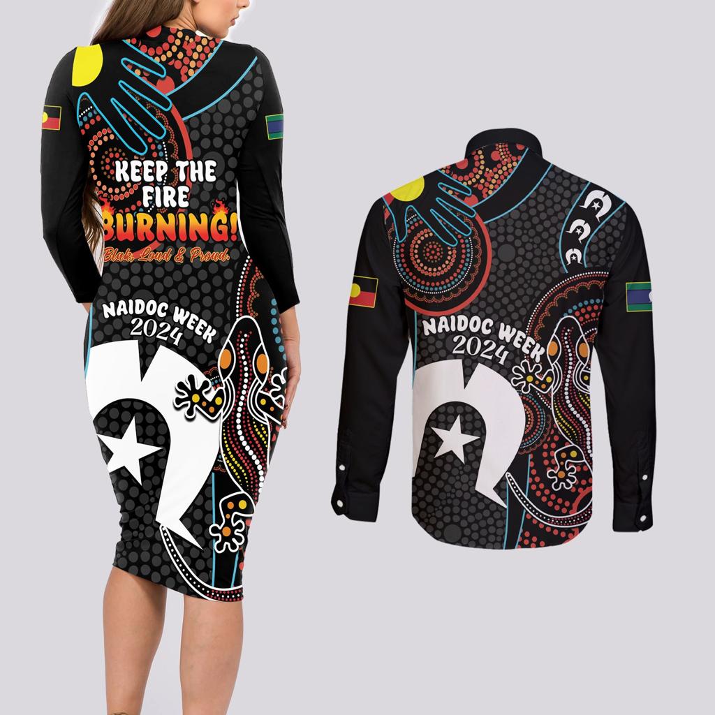 NAIDOC Week 2024 Couples Matching Long Sleeve Bodycon Dress and Long Sleeve Button Shirt Keep The Fire Burning Indigenous Art