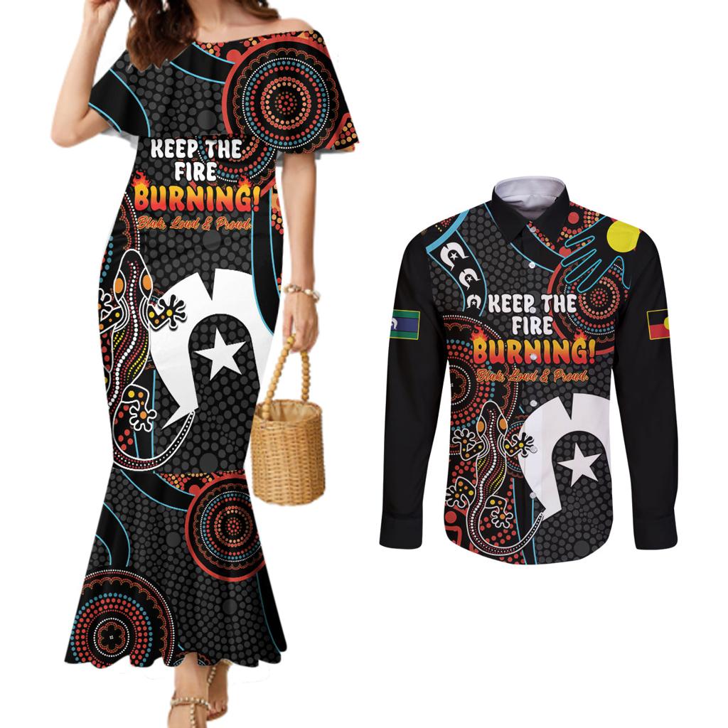 NAIDOC Week 2024 Couples Matching Mermaid Dress and Long Sleeve Button Shirt Keep The Fire Burning Indigenous Art