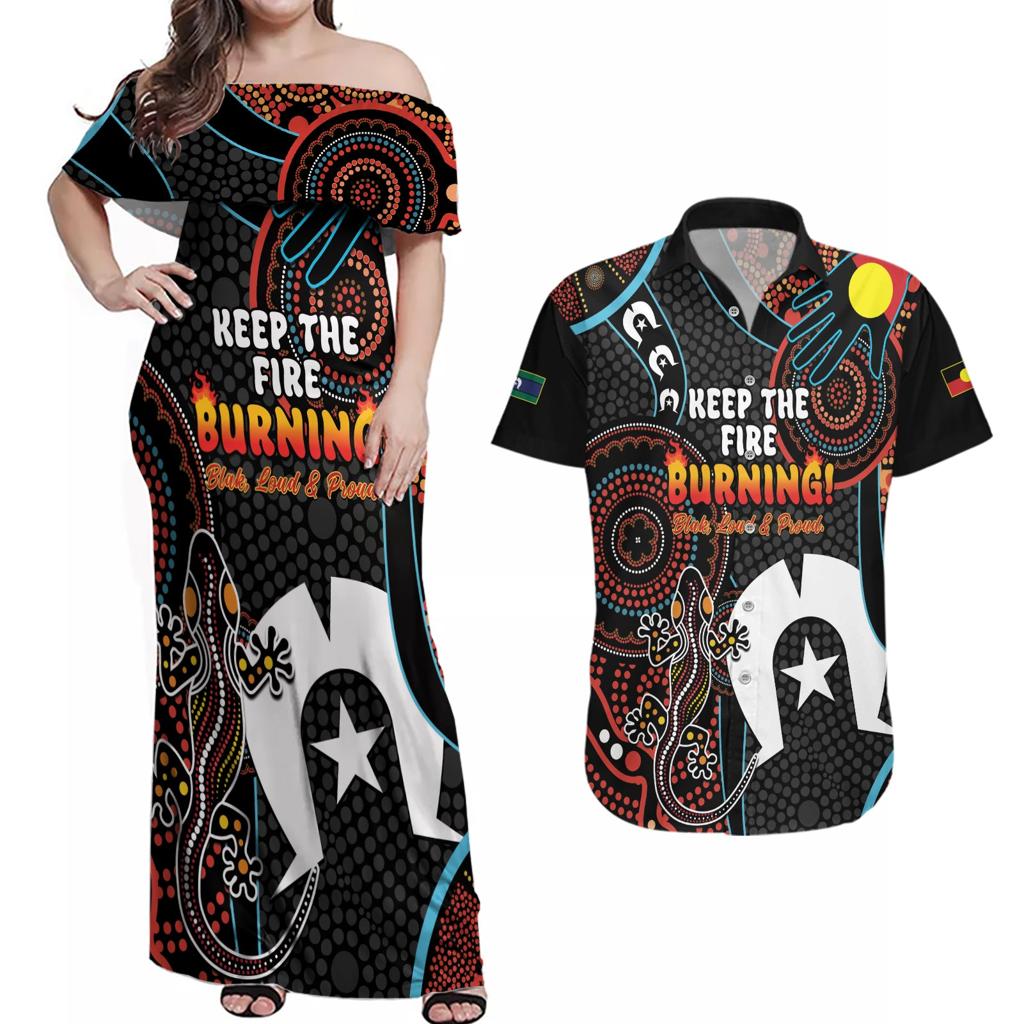 NAIDOC Week 2024 Couples Matching Off Shoulder Maxi Dress and Hawaiian Shirt Keep The Fire Burning Indigenous Art