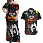 NAIDOC Week 2024 Couples Matching Off Shoulder Maxi Dress and Hawaiian Shirt Keep The Fire Burning Indigenous Art