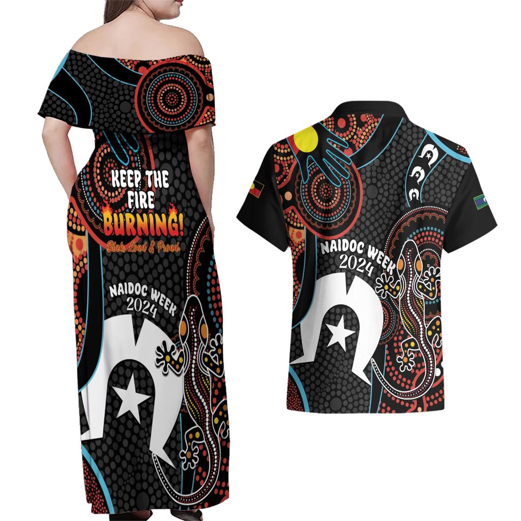 NAIDOC Week 2024 Couples Matching Off Shoulder Maxi Dress and Hawaiian Shirt Keep The Fire Burning Indigenous Art