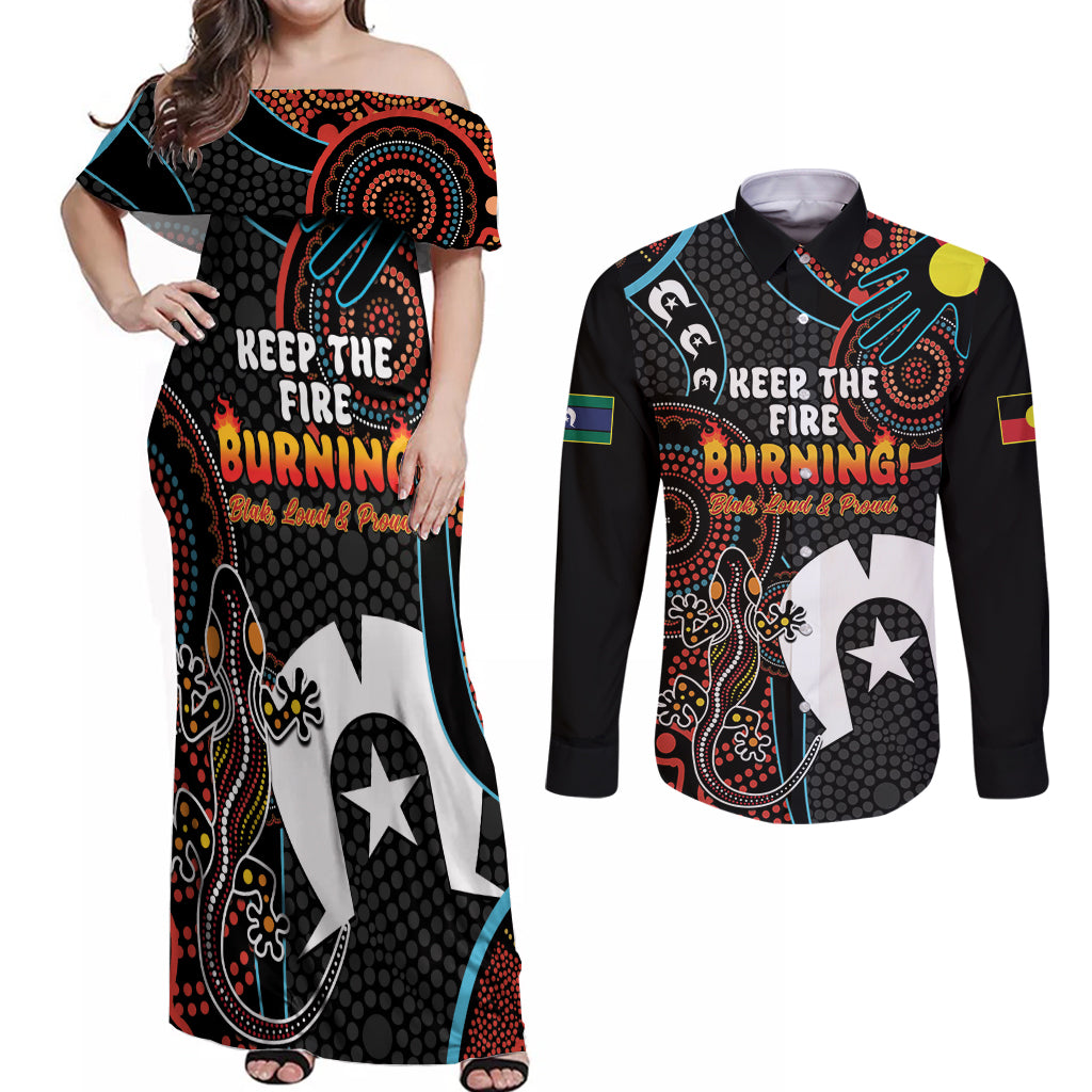 NAIDOC Week 2024 Couples Matching Off Shoulder Maxi Dress and Long Sleeve Button Shirt Keep The Fire Burning Indigenous Art