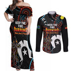 NAIDOC Week 2024 Couples Matching Off Shoulder Maxi Dress and Long Sleeve Button Shirt Keep The Fire Burning Indigenous Art