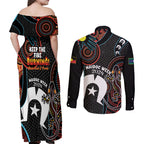 NAIDOC Week 2024 Couples Matching Off Shoulder Maxi Dress and Long Sleeve Button Shirt Keep The Fire Burning Indigenous Art