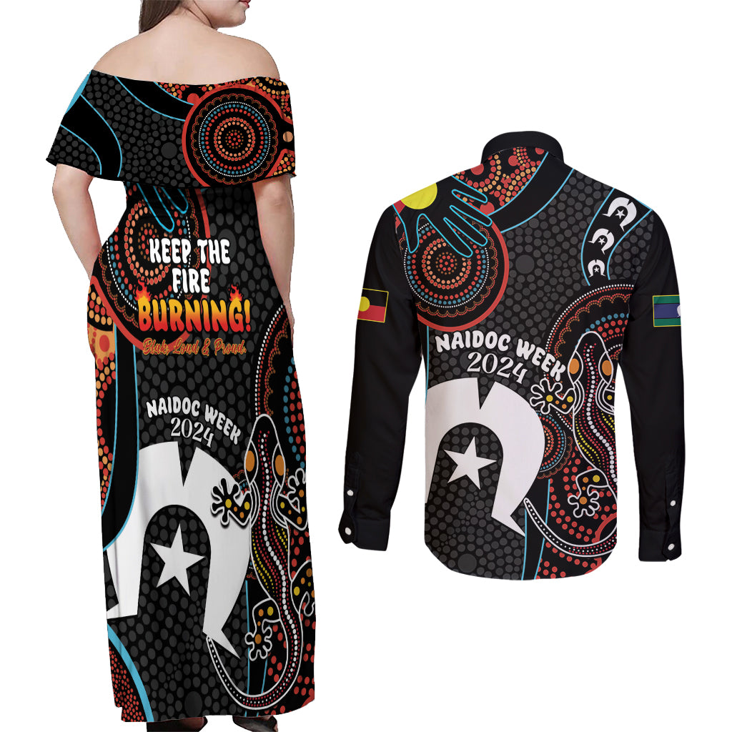 NAIDOC Week 2024 Couples Matching Off Shoulder Maxi Dress and Long Sleeve Button Shirt Keep The Fire Burning Indigenous Art