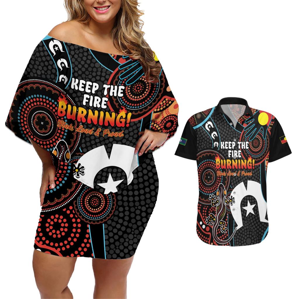 NAIDOC Week 2024 Couples Matching Off Shoulder Short Dress and Hawaiian Shirt Keep The Fire Burning Indigenous Art