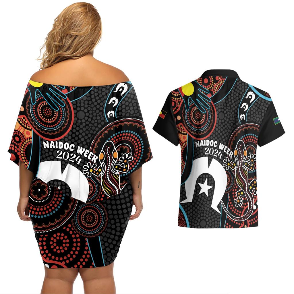 NAIDOC Week 2024 Couples Matching Off Shoulder Short Dress and Hawaiian Shirt Keep The Fire Burning Indigenous Art
