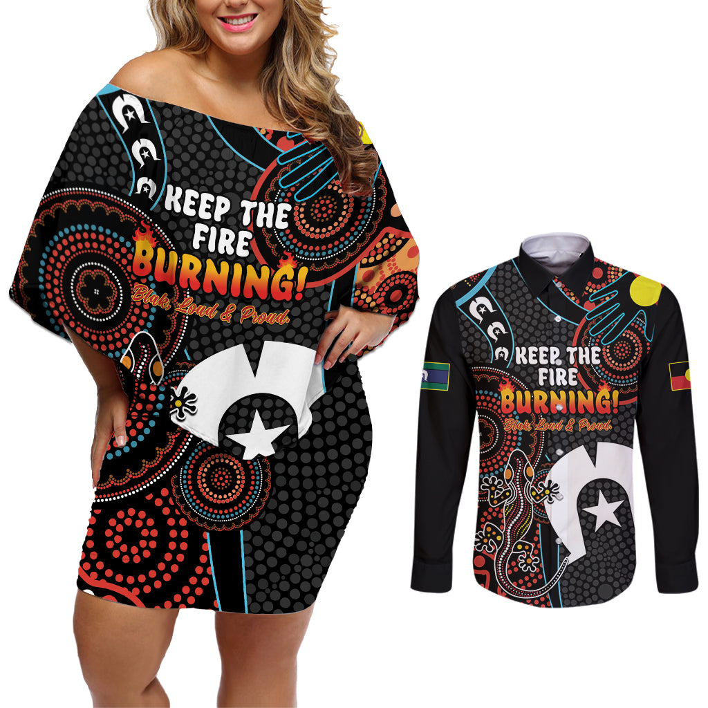 NAIDOC Week 2024 Couples Matching Off Shoulder Short Dress and Long Sleeve Button Shirt Keep The Fire Burning Indigenous Art