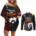 NAIDOC Week 2024 Couples Matching Off Shoulder Short Dress and Long Sleeve Button Shirt Keep The Fire Burning Indigenous Art