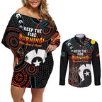 NAIDOC Week 2024 Couples Matching Off Shoulder Short Dress and Long Sleeve Button Shirt Keep The Fire Burning Indigenous Art