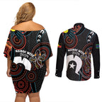 NAIDOC Week 2024 Couples Matching Off Shoulder Short Dress and Long Sleeve Button Shirt Keep The Fire Burning Indigenous Art