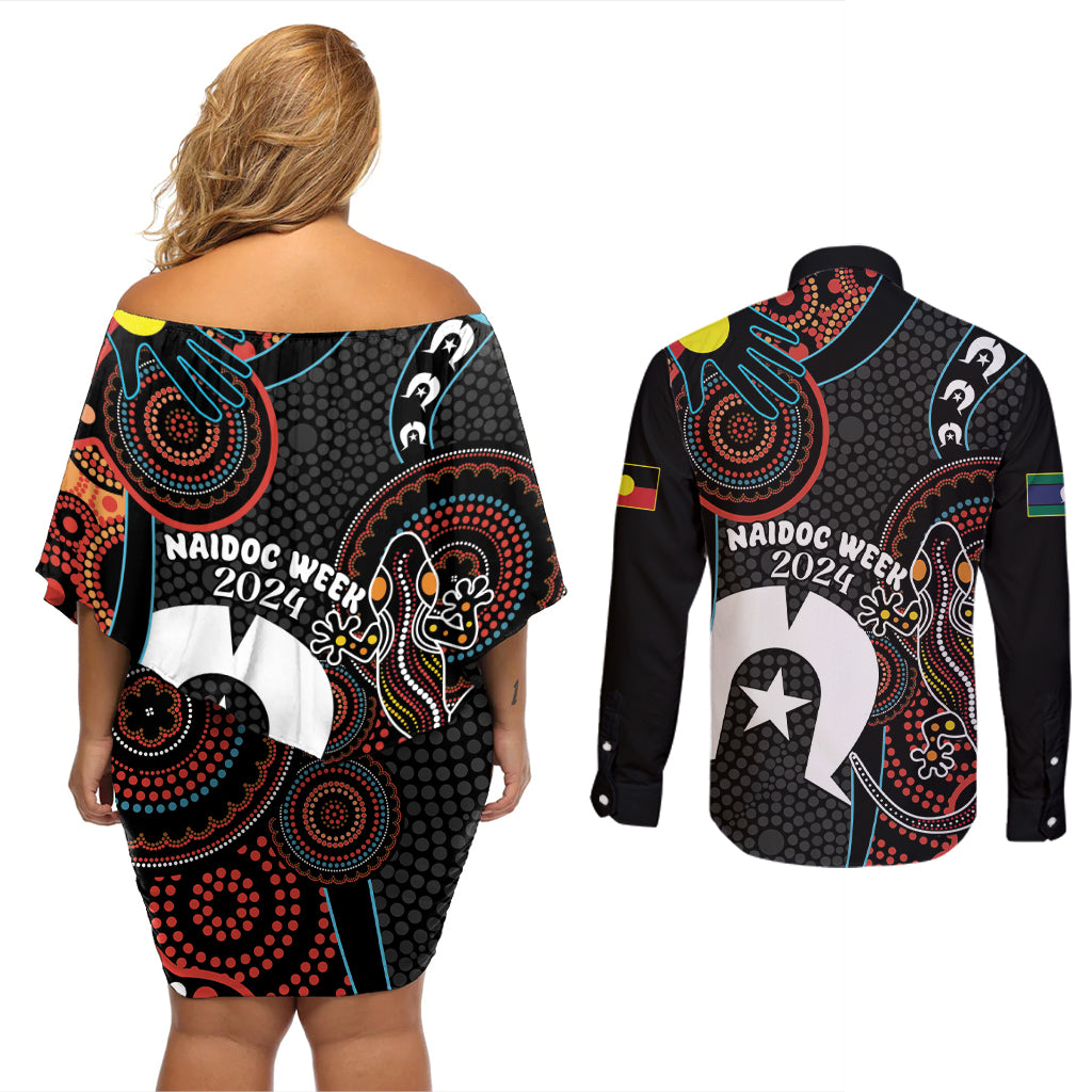 NAIDOC Week 2024 Couples Matching Off Shoulder Short Dress and Long Sleeve Button Shirt Keep The Fire Burning Indigenous Art