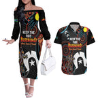 NAIDOC Week 2024 Couples Matching Off The Shoulder Long Sleeve Dress and Hawaiian Shirt Keep The Fire Burning Indigenous Art