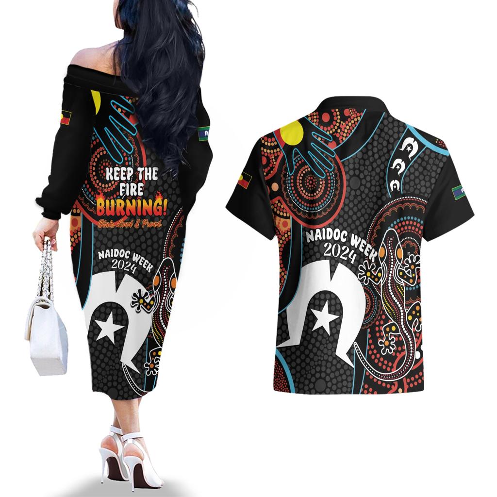NAIDOC Week 2024 Couples Matching Off The Shoulder Long Sleeve Dress and Hawaiian Shirt Keep The Fire Burning Indigenous Art
