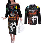 NAIDOC Week 2024 Couples Matching Off The Shoulder Long Sleeve Dress and Long Sleeve Button Shirt Keep The Fire Burning Indigenous Art