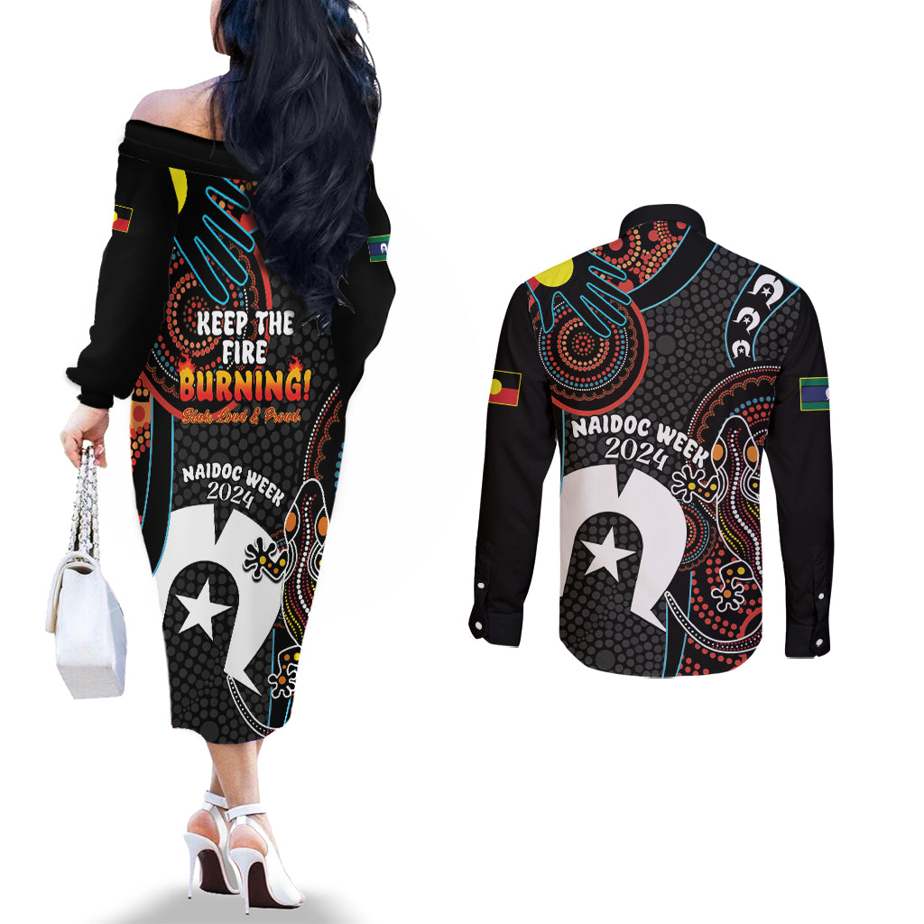 NAIDOC Week 2024 Couples Matching Off The Shoulder Long Sleeve Dress and Long Sleeve Button Shirt Keep The Fire Burning Indigenous Art