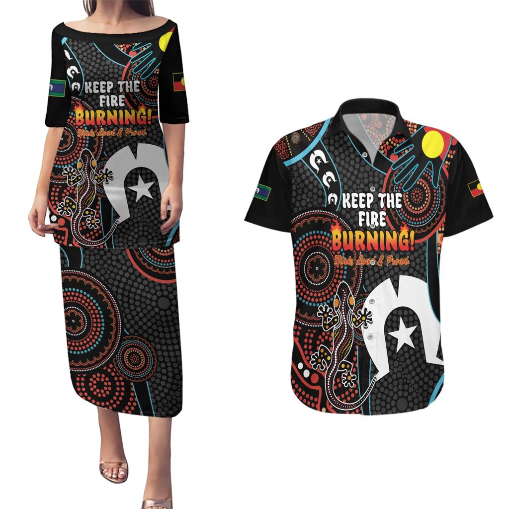 NAIDOC Week 2024 Couples Matching Puletasi and Hawaiian Shirt Keep The Fire Burning Indigenous Art