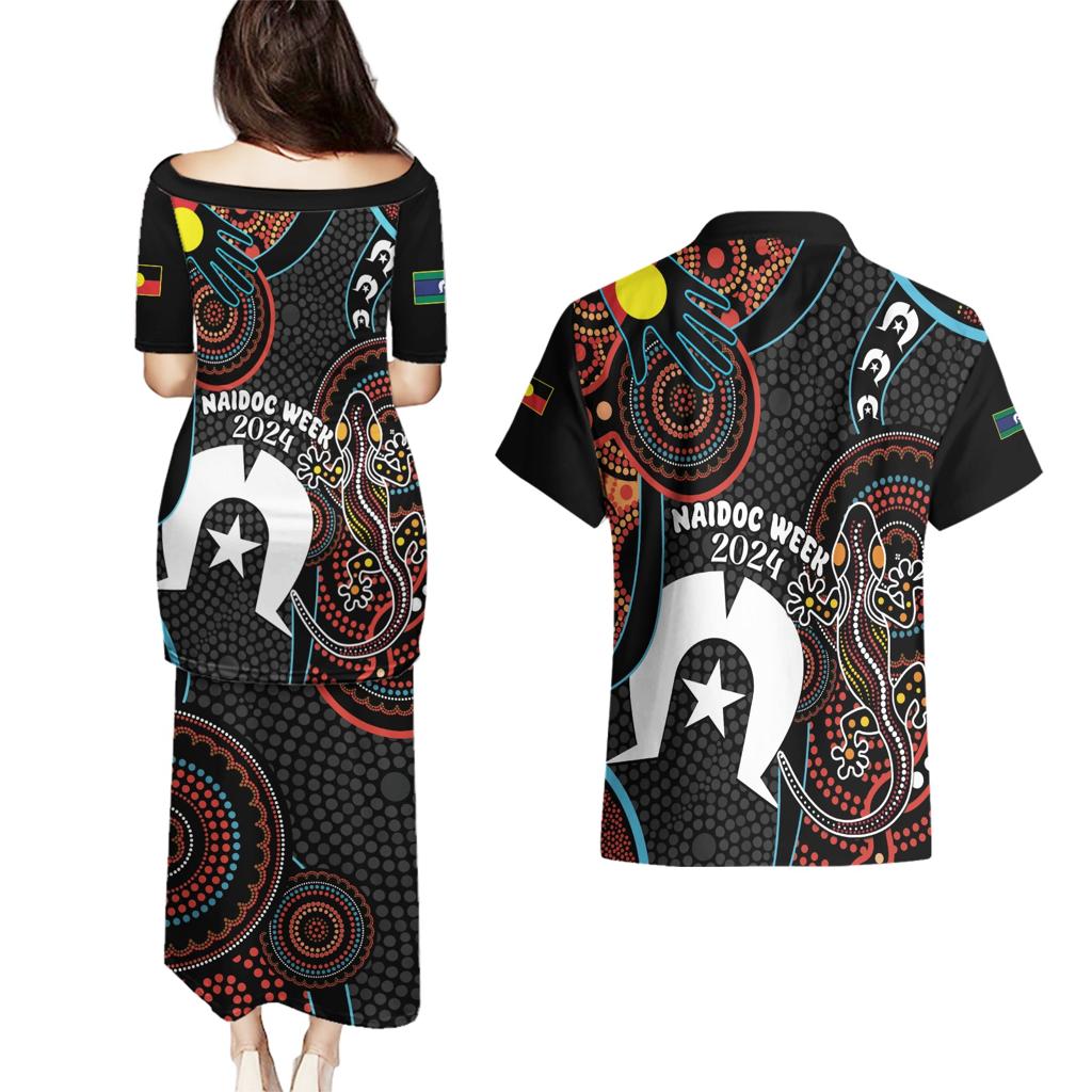 NAIDOC Week 2024 Couples Matching Puletasi and Hawaiian Shirt Keep The Fire Burning Indigenous Art
