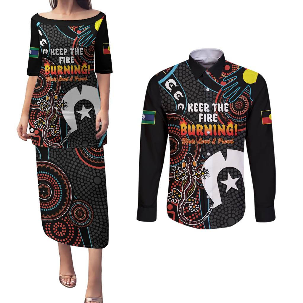 NAIDOC Week 2024 Couples Matching Puletasi and Long Sleeve Button Shirt Keep The Fire Burning Indigenous Art