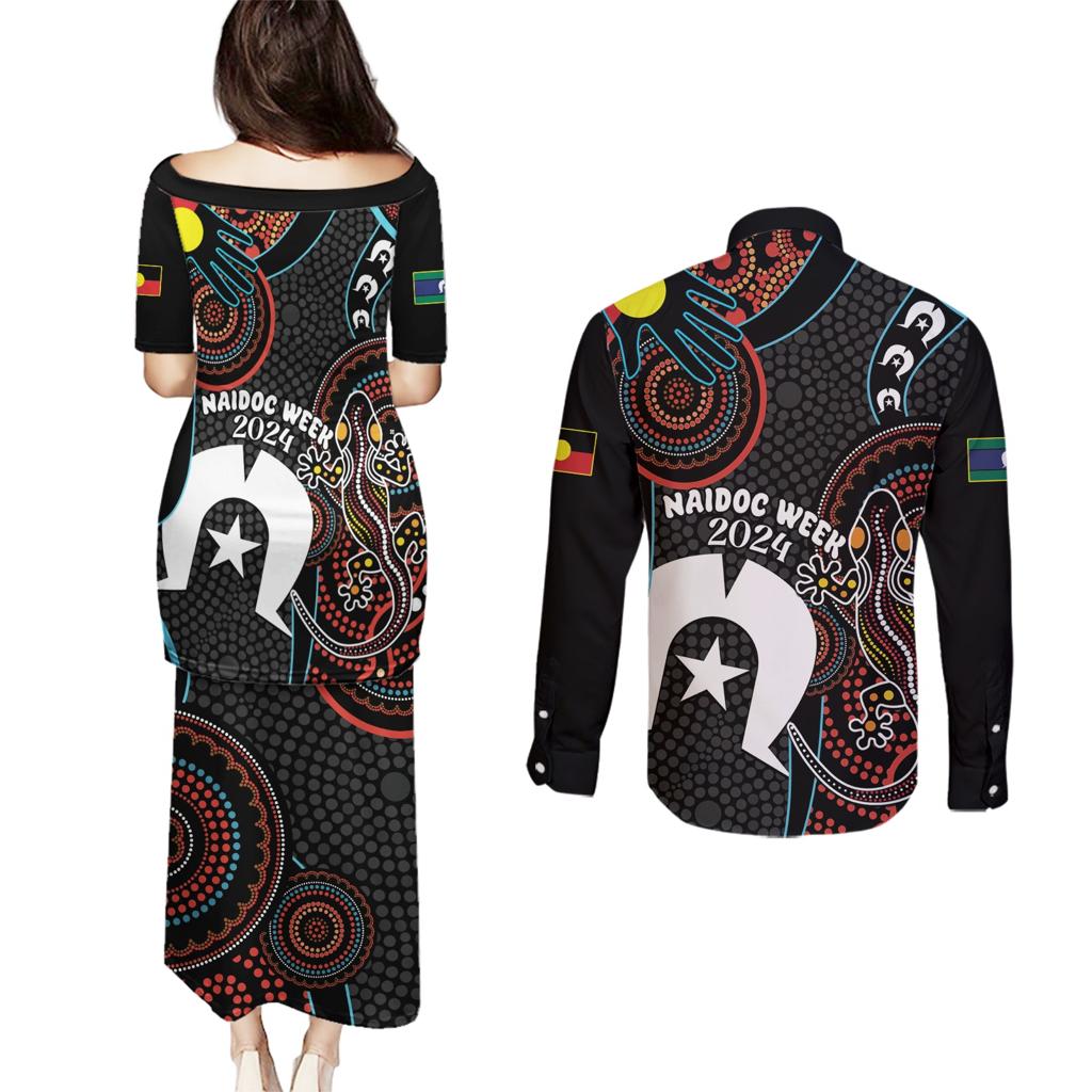 NAIDOC Week 2024 Couples Matching Puletasi and Long Sleeve Button Shirt Keep The Fire Burning Indigenous Art