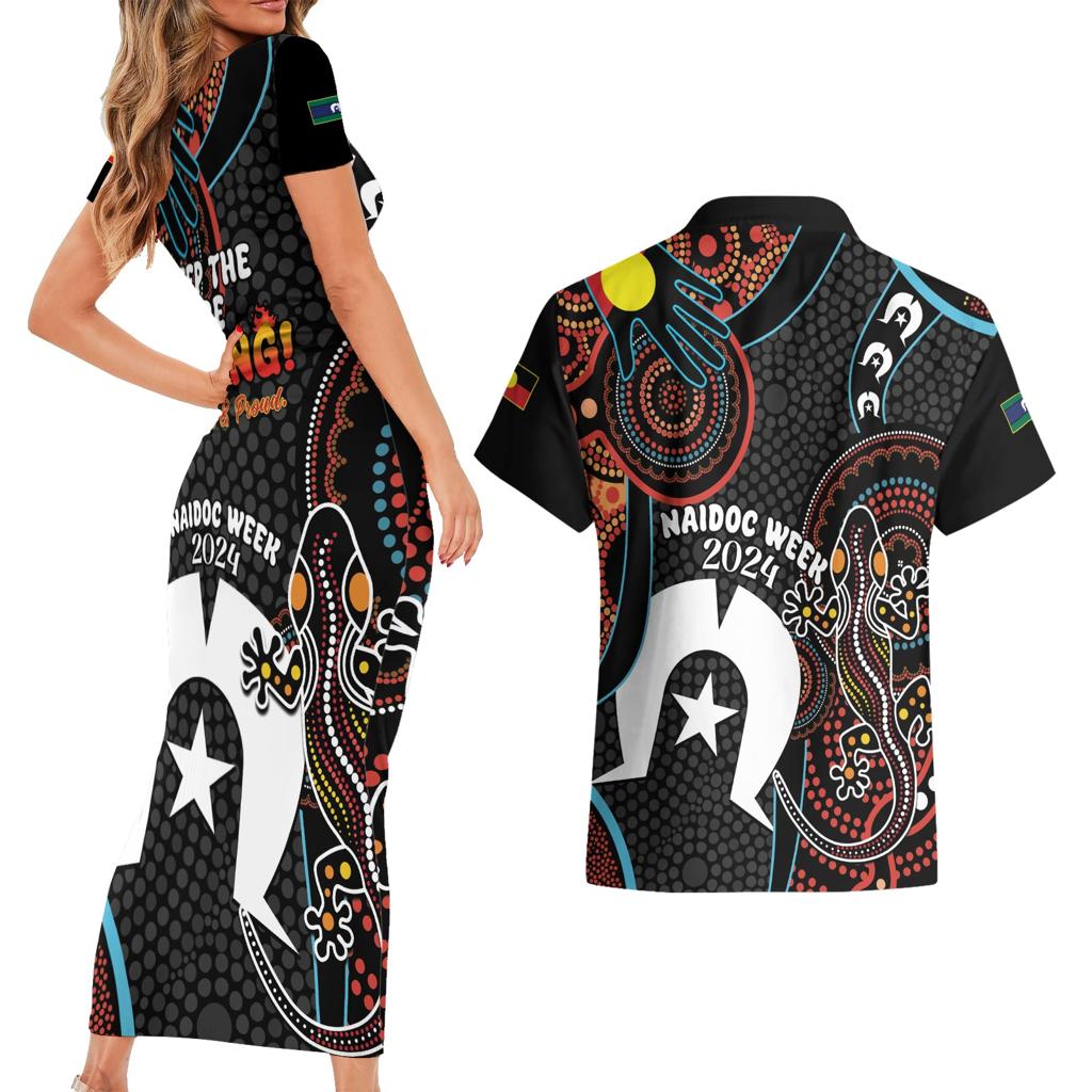 NAIDOC Week 2024 Couples Matching Short Sleeve Bodycon Dress and Hawaiian Shirt Keep The Fire Burning Indigenous Art