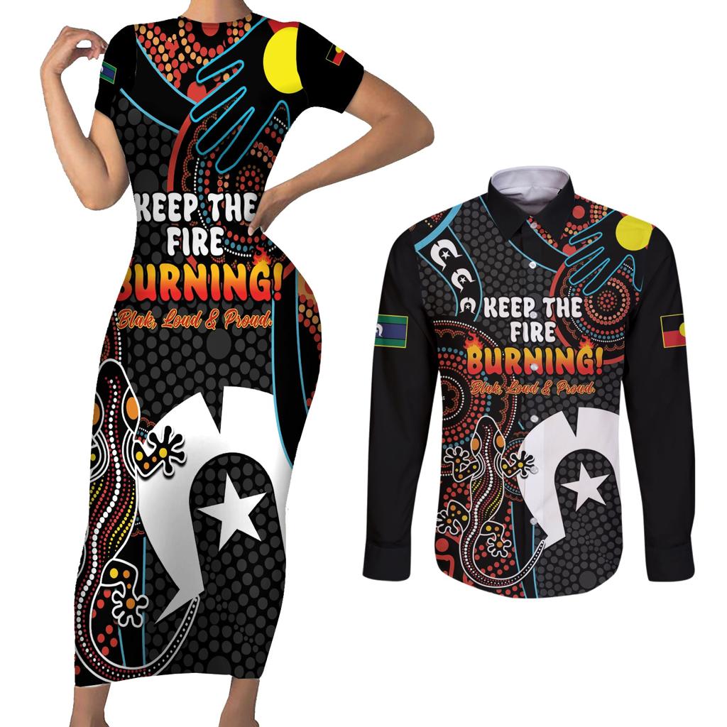 NAIDOC Week 2024 Couples Matching Short Sleeve Bodycon Dress and Long Sleeve Button Shirt Keep The Fire Burning Indigenous Art