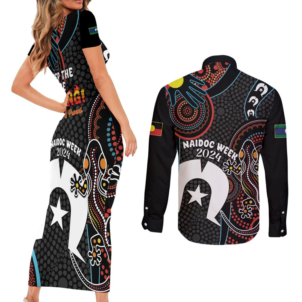 NAIDOC Week 2024 Couples Matching Short Sleeve Bodycon Dress and Long Sleeve Button Shirt Keep The Fire Burning Indigenous Art