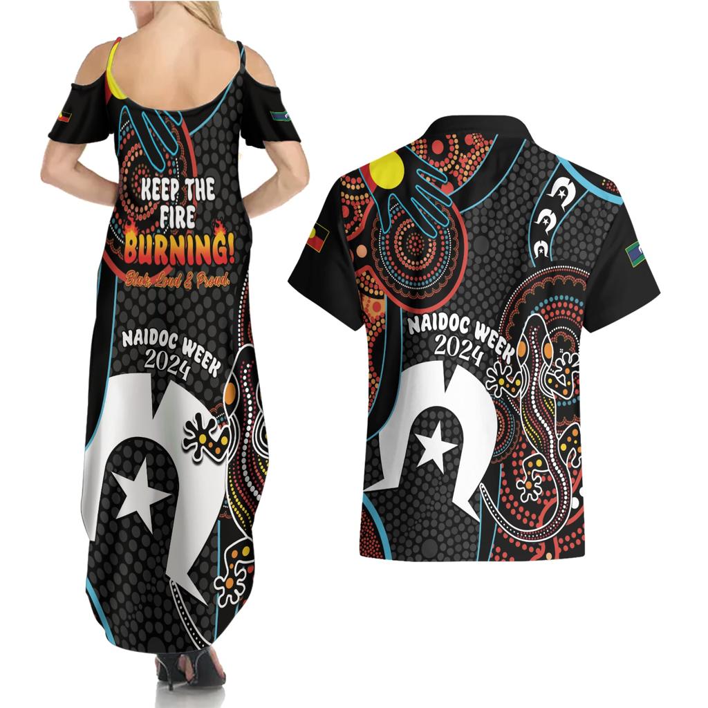 NAIDOC Week 2024 Couples Matching Summer Maxi Dress and Hawaiian Shirt Keep The Fire Burning Indigenous Art