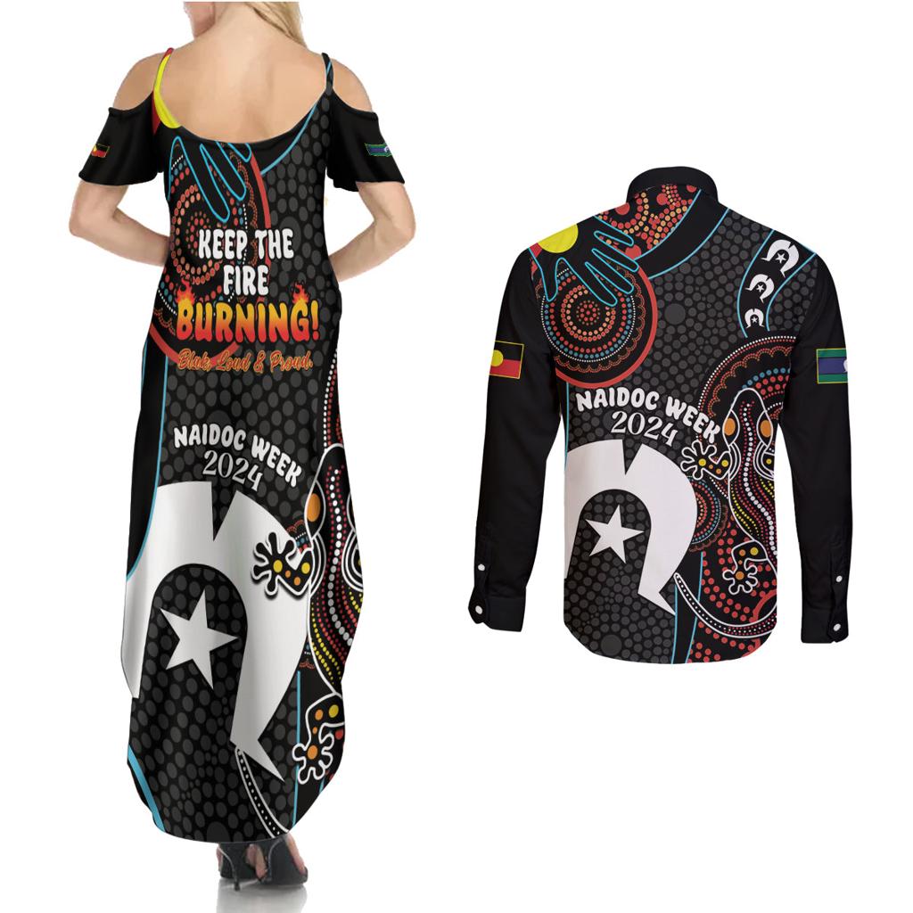 NAIDOC Week 2024 Couples Matching Summer Maxi Dress and Long Sleeve Button Shirt Keep The Fire Burning Indigenous Art