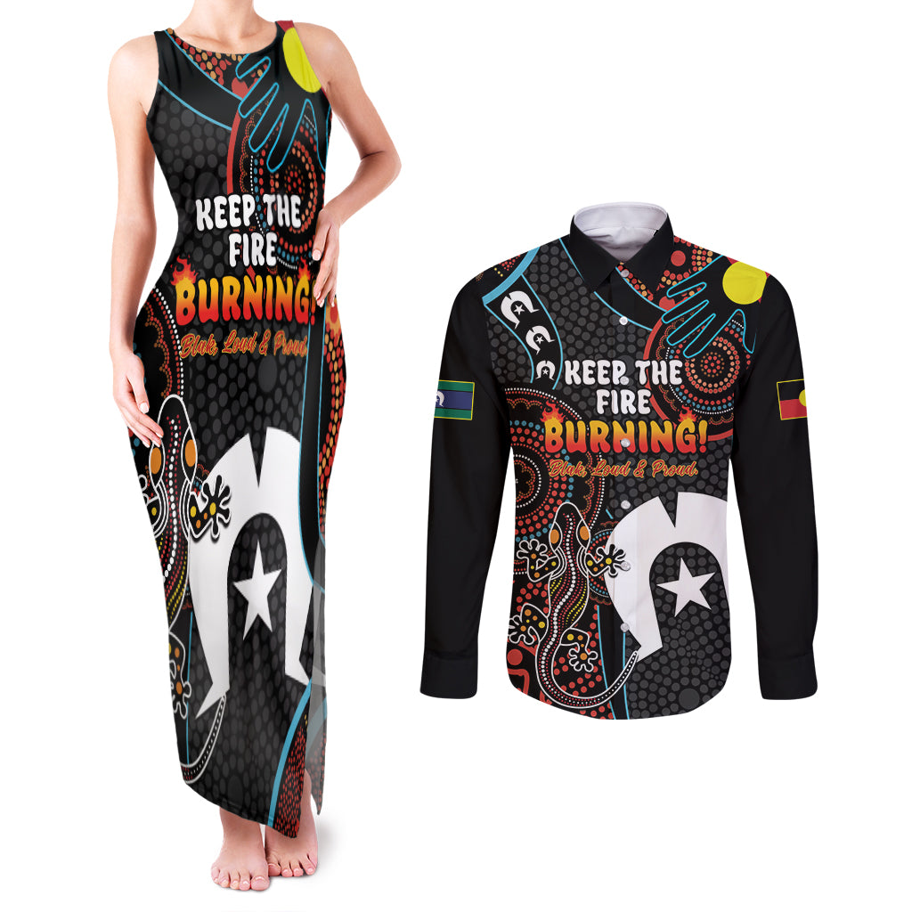 NAIDOC Week 2024 Couples Matching Tank Maxi Dress and Long Sleeve Button Shirt Keep The Fire Burning Indigenous Art