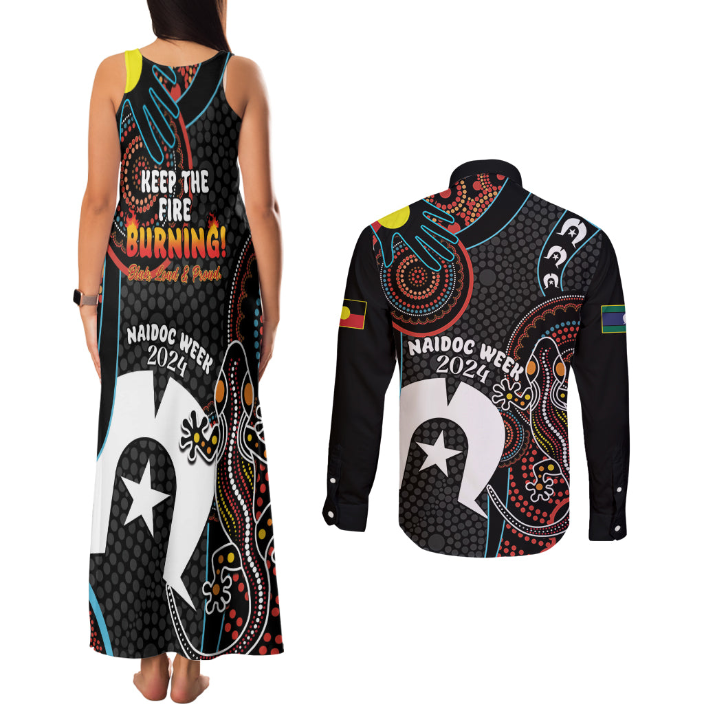 NAIDOC Week 2024 Couples Matching Tank Maxi Dress and Long Sleeve Button Shirt Keep The Fire Burning Indigenous Art