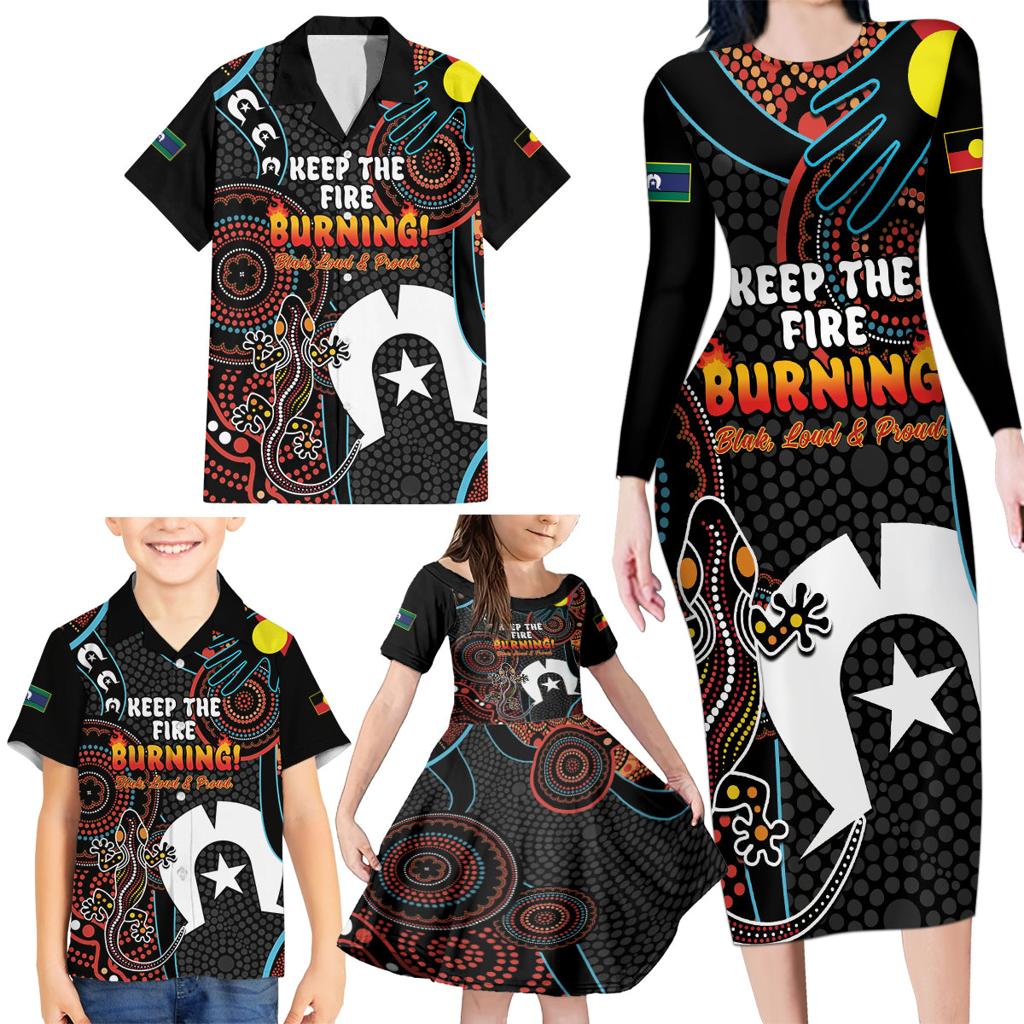 NAIDOC Week 2024 Family Matching Long Sleeve Bodycon Dress and Hawaiian Shirt Keep The Fire Burning Indigenous Art