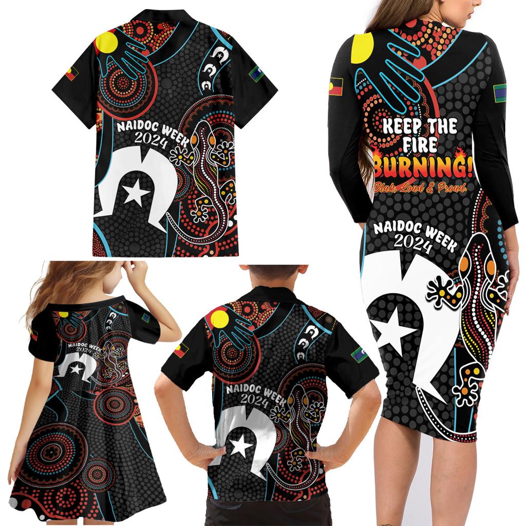 NAIDOC Week 2024 Family Matching Long Sleeve Bodycon Dress and Hawaiian Shirt Keep The Fire Burning Indigenous Art