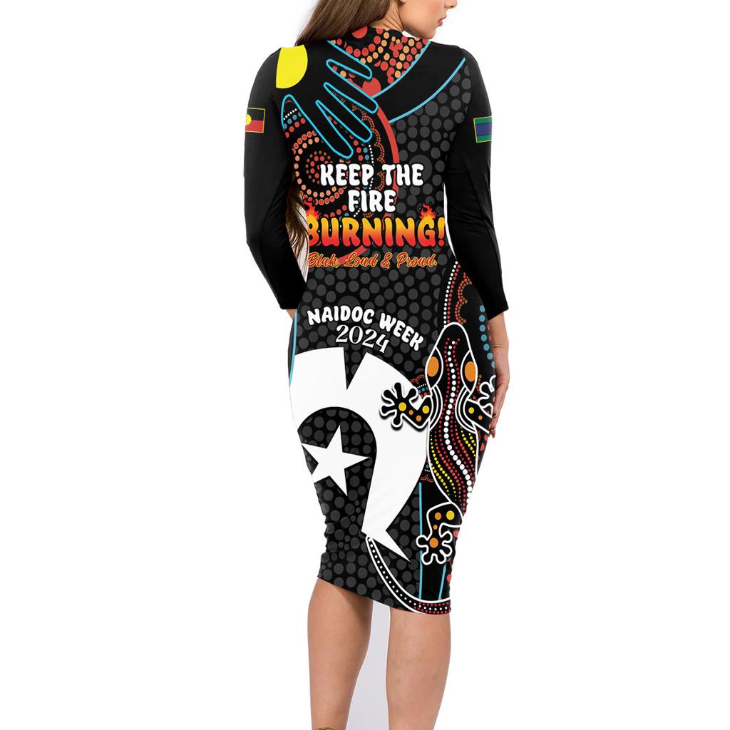 NAIDOC Week 2024 Family Matching Long Sleeve Bodycon Dress and Hawaiian Shirt Keep The Fire Burning Indigenous Art