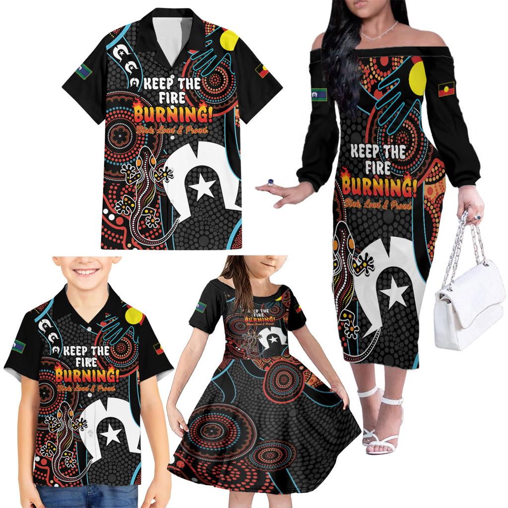 NAIDOC Week 2024 Family Matching Off The Shoulder Long Sleeve Dress and Hawaiian Shirt Keep The Fire Burning Indigenous Art