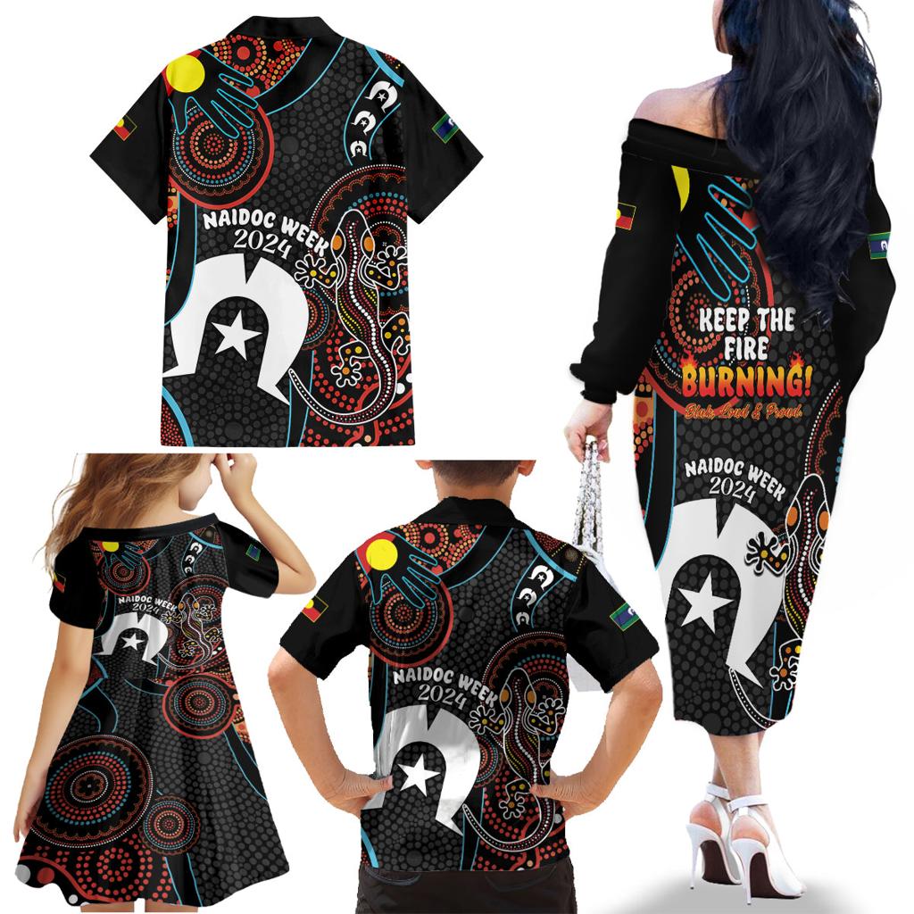 NAIDOC Week 2024 Family Matching Off The Shoulder Long Sleeve Dress and Hawaiian Shirt Keep The Fire Burning Indigenous Art