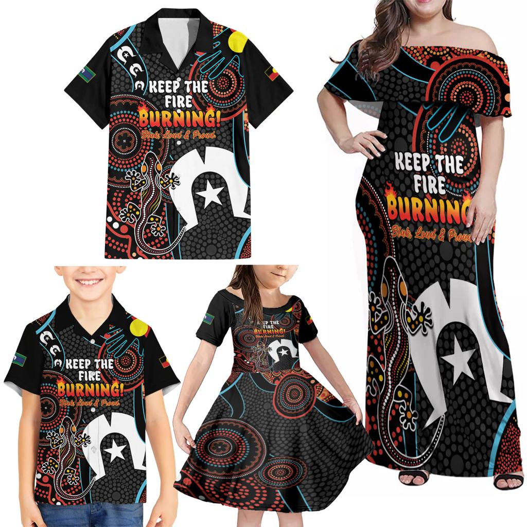 NAIDOC Week 2024 Family Matching Off Shoulder Maxi Dress and Hawaiian Shirt Keep The Fire Burning Indigenous Art
