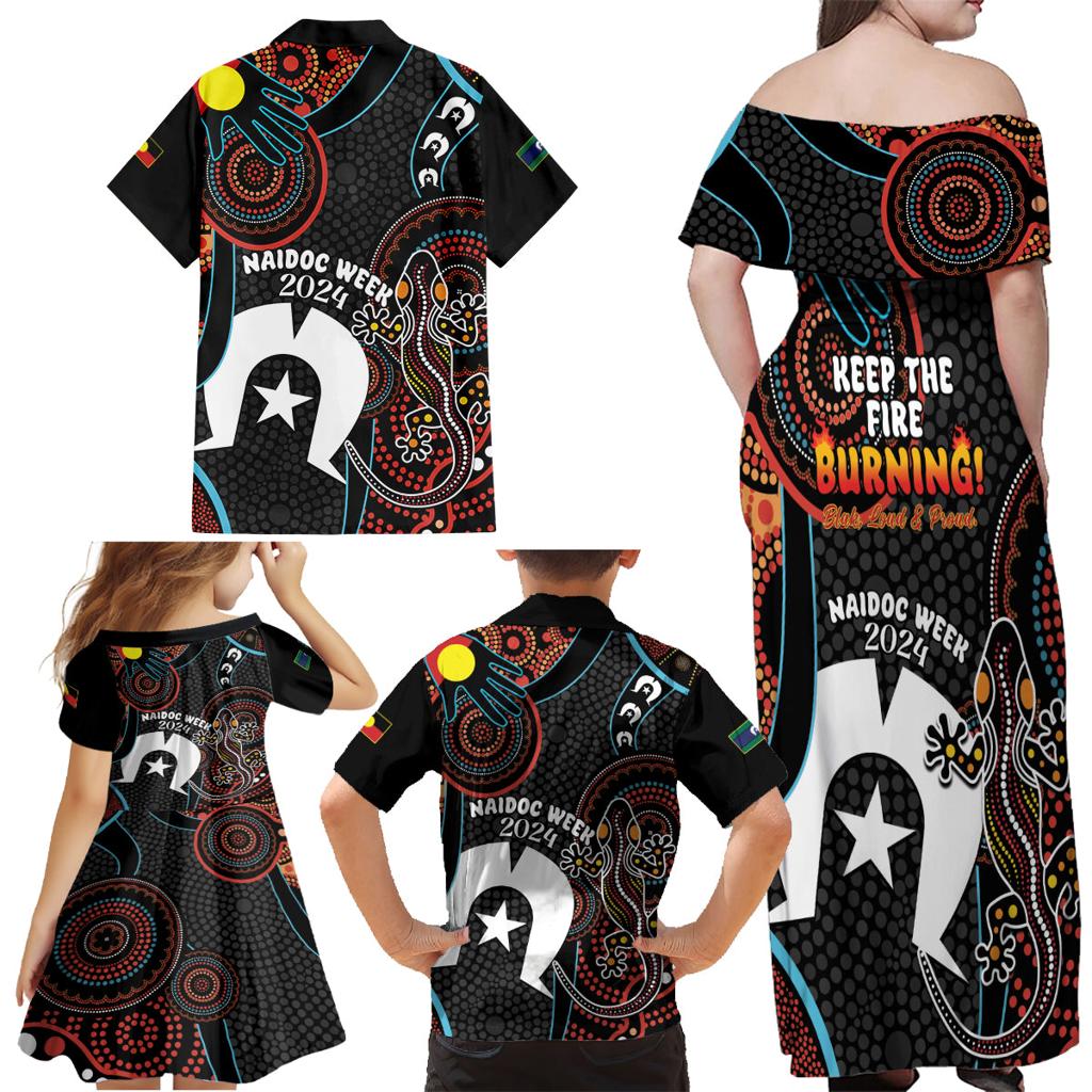 NAIDOC Week 2024 Family Matching Off Shoulder Maxi Dress and Hawaiian Shirt Keep The Fire Burning Indigenous Art