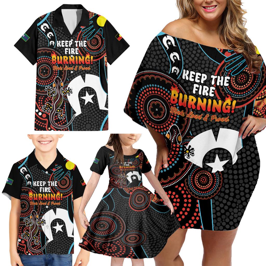 NAIDOC Week 2024 Family Matching Off Shoulder Short Dress and Hawaiian Shirt Keep The Fire Burning Indigenous Art