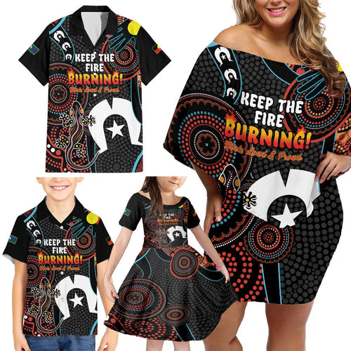 NAIDOC Week 2024 Family Matching Off Shoulder Short Dress and Hawaiian Shirt Keep The Fire Burning Indigenous Art