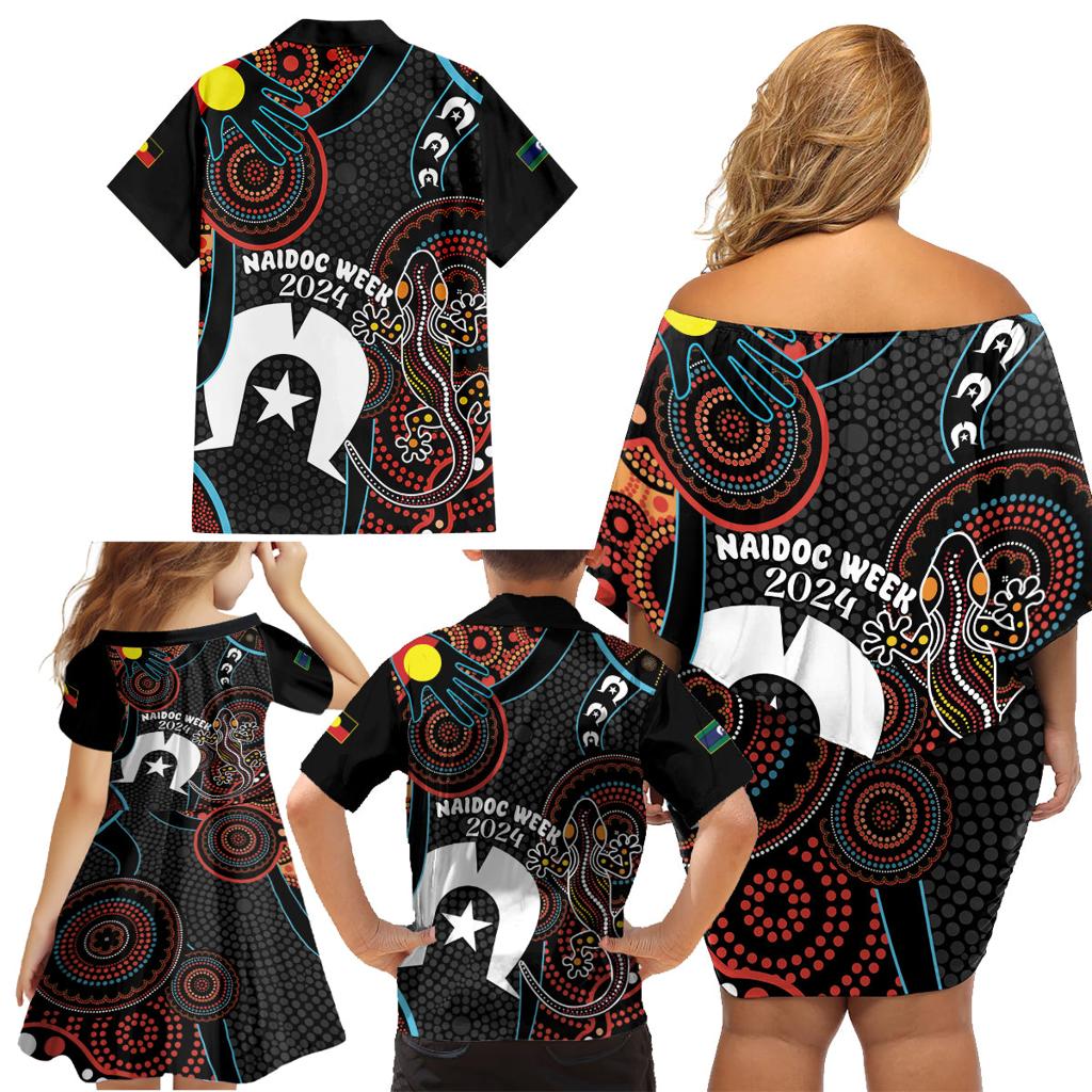 NAIDOC Week 2024 Family Matching Off Shoulder Short Dress and Hawaiian Shirt Keep The Fire Burning Indigenous Art
