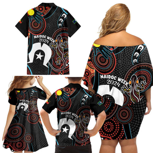 NAIDOC Week 2024 Family Matching Off Shoulder Short Dress and Hawaiian Shirt Keep The Fire Burning Indigenous Art